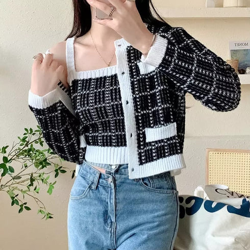 Elegant Plaid Round Neck Soft Knitted Cardigan Sweater with Tank Top Set